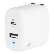 Monoprice 42621 | USB-C Charger 32W 2-port PD GaN Technology Foldable Wall Charger White for iPad Pro iPhone 16/15/14/Plus/Pro/Pro Max
